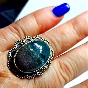 Moss Blue/Green Agate .925 Silver Statement Ring Size 8 NWOTs.